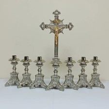 Catholic Altar Crucifix 6 Candlestick Set Silver Gold Church Religious Decor picture