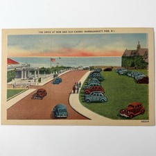 Narragansett Pier RI Postcard Drive New Old Casino Cars Vintage Linen Unposted picture