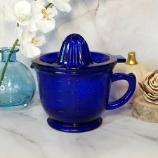Cobalt Blue Glass Depression Style Juicer Reamer & Measuring Cup, Mixing Bowl picture