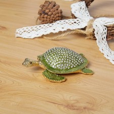 Green Turtle Trinket Box Hinged Rhinestone Jeweled Color Enamel Ring Box Gift picture