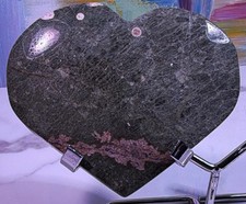 Heart-Shaped Black & Pink Polished Stone Crystal Display Specimen on Stand 4