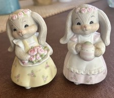 Enesco RARE 1984 Lucy Rigg Bunny Rosie & Me lot of 2 holding egg & flower basket picture