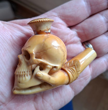 Rare Superb   CARVED MEERSCHAUM PIPE c1870's  SKULL in HAND Memento Mori Vgc picture