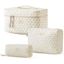 HBselect Quilted Makeup Bag, 3PCS Cotton Large Travel Makeup Bag, Cute Floral Co picture