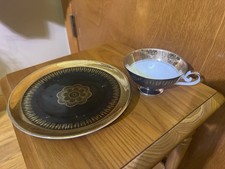 VTG Eberthal Bavaria Porcelain Tea Cup & 8” Round Plate Black & Gold picture