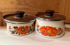 VTG 70’s Moneta Enamel Ware Flower design Pots 1-Italy 14 w Lids (2) L@@K Read picture