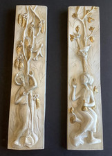RarePair of Onnie Onaway Millar's White Folk Art Wall Plaques MCM 3-D Chalk-wear picture