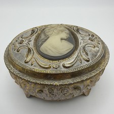 Vintage Sankyo Cameo Musical Trinket Box Gold Tone Blue Felt picture