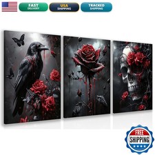 Hianan Wrapped Canvas Dark Goth Crow Rose Skull Wall Art Set Of 3, 16x24 In picture