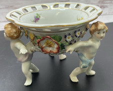 VINTAGE VON SCHIERHOLZ GERMANY CHERUB FOOTED COMPOTE PORCELAIN 3 PUTTI picture