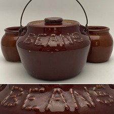 Primitive Stoneware 3 Piece Embossed Beans Pot Crock w/2 Cups c1930s Made in USA picture