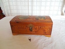 Vintge wood trunk, box jewelry, trinket mirrored lid, scene on top picture