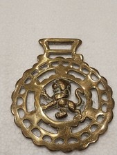 Brass Horse Medallion Antique English Lion Rampant King Peerage Parade Harness picture