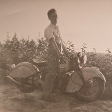 Vintage 1930s Snapshot Photo Man With Pre-war Motorcycle Motorbike Antique picture