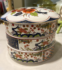 Vintage Japanese Porcelain Jubako-Style 3 Tier Stacking Box Imari Style Floral picture