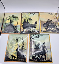 Vintage Reverse Painted Silhouette Victorian Family Convex Bubble Glass Set 5 picture