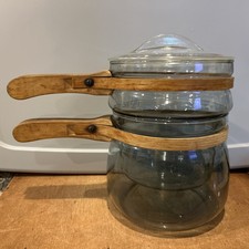 COLLECTIBLE ONLY WWII ERA 3 Piece Pyrex FlameWare Double Boiler WOOD HANDLE Lid picture