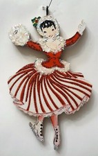50'S WOMAN, PRETTY ICE SKATER, STRIPES  *  Glitter CHRISTMAS ORNAMENT * Vtg Img picture