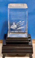 VTG Clear Lucite Glass Paperweight God Bless America 2x3” With Lighted Stand picture