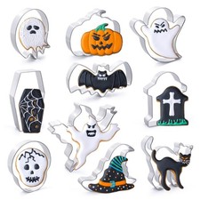 Halloween Cookie Cutters Set 10Pieces - Bat, Ghost, Pumpkin, Cat, 10, Silver picture
