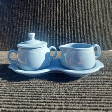 Homer Laughlin Fiesta Covered Sugar Bowl, Creamer & Tray, Periwinkle Blue picture