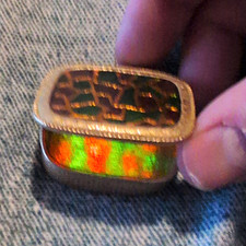 Small Hinged Rectangular Gold Tone Metal Pill Box w/ Mosaic Enamel Pattern Lid picture