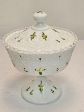 Fenton Spanish Lace Silver Crest Hand Painted Milk Glass Lidded Compote Signed picture
