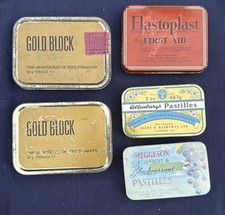 Five Vintage Tins Gold Block - Elastoplast - Allen & Hanburys - Meggeson  picture