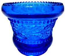 Vintage St Clair Glass Toothpick Holder Beaded Band Holly Leaves Blue 2 3/8