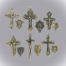 12 pc Set 6 Rosary Crucifix Cross & 6 Centerpiece ITALY parts finish BRONZE picture