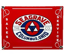 VINTAGE THE SEAGRAVE CO PORCELAIN SIGN FIRE FIGHTER GAS OIL SALES SERVICE OHIO picture