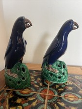 Pair of Authentic 19th Century Chinese Parrots with Cobalt Blue Glaze Figurines picture