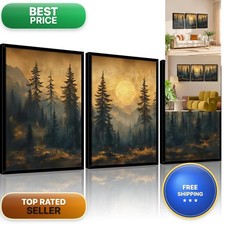 Omerecal Framed 3pcs Vintage Pine Forest Wall Art Nature Landscape Full Moon picture