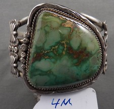 Vintage Ribbed Navajo Sterling Bracelet w/ Massive Carico Turquoise picture