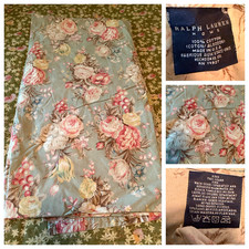 VTG 90's RALPH LAUREN CHARLOTTE GREEN SAGE FLORAL COTTON FLAT SHEET SZ KING picture