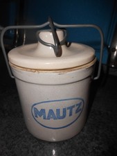 VINTAGE CROCKERY STONEWARE MAUTZ  CANNING JAR/  ADV CROCK WITH LID picture