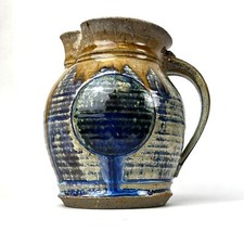 VTG Art Pottery Hand~thrown Pitcher Brown Glaze Drip Incised Lines Signed picture