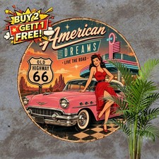 Pinup Girl Red Dress Highway Route Metal Sign Vintage Diner Wall Decor Plaque picture