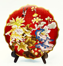 Vintage 9in Cloisonne Enamel Plate Bird Chrysanthemum Red Scalloped Floral picture