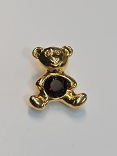 Teddy Bear Lapel Pin Dark Red Faceted Faux Jewel Gold Color Metal Small Size  picture