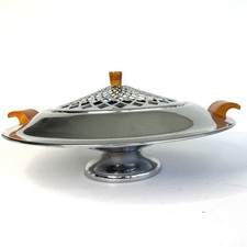 Mid Century Flower Frog Centerpiece Art Deco Nouveau Chrome Wood Handles JB picture