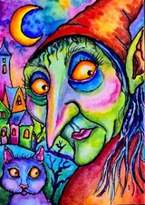 ACEO Original Painting OOAK - Witch And Cat - Cat - Bartshe picture