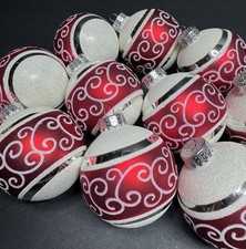 Twelve (12) Glass Christmas Ornaments Red Silver & White Glitter, 2-1/2” Round picture