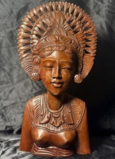 VTG Bali Klungkung Wood Heavy Carved Female Warrior Goddess Statue Bust 10in picture