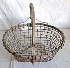 BIG ANTIQUE FOLK ART HANDCRAFTED CLAM BASKET WOOD METAL CARVED HANDLE CAPE COD picture