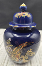Vintage Cobalt Blue Porcelain Ginger Jar Japanese Peacock Floral Vase Gold picture