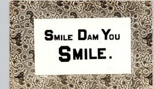 SMILE DAM YOU, QUOTE COMIC ON ANTIQUE RUG c1910 postcard real photo rppc collage picture