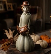 Vintage PIER 1 Thanksgiving Pilgrim Figurine 1970s Ceramic Folk Art Turkey Boy picture