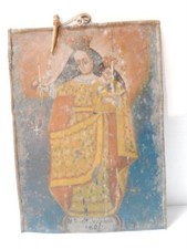 1886 ANTIQUE TIN MEXICAN RELIGIOUS RETABLO CATHOLIC CHRISTIAN FOLK ART WOOD PEG picture