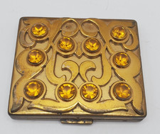 Vintage Square Gold Tone Cosmetic Compact with Mirror and Jeweled Rhinestones picture